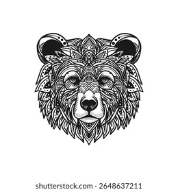 Highly detailed black and white drawing of a bear's face, decorated with complex symmetrical patterns and ethnic-inspired geometric elements. Ideal for tattoo concepts, decorative prints, or nature-th
