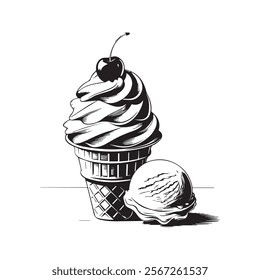 Highly Detailed Black and White Ice Cream Cone Line Art Illustration with Cherry and Stylized