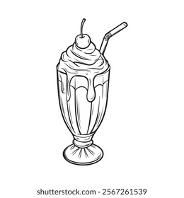 Highly Detailed Black and White Ice Cream Cone Line Art Illustration with Cherry and Stylized