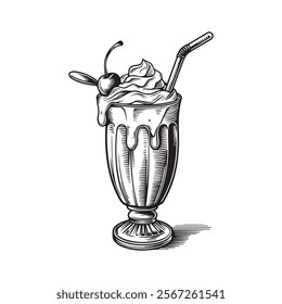 Highly Detailed Black and White Ice Cream Cone Line Art Illustration with Cherry and Stylized