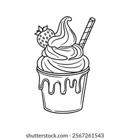 Highly Detailed Black and White Ice Cream Cone Line Art Illustration with Cherry and Stylized