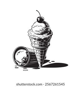 Highly Detailed Black and White Ice Cream Cone Line Art Illustration with Cherry and Stylized