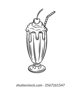 Highly Detailed Black and White Ice Cream Cone Line Art Illustration with Cherry and Stylized