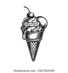 Highly Detailed Black and White Ice Cream Cone Line Art Illustration with Cherry and Stylized