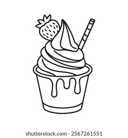 Highly Detailed Black and White Ice Cream Cone Line Art Illustration with Cherry and Stylized