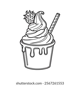 Highly Detailed Black and White Ice Cream Cone Line Art Illustration with Cherry and Stylized