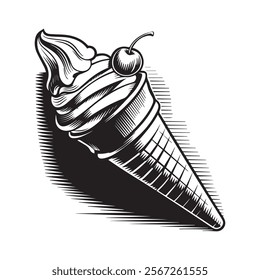 Highly Detailed Black and White Ice Cream Cone Line Art Illustration with Cherry and Stylized