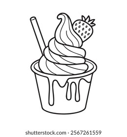 Highly Detailed Black and White Ice Cream Cone Line Art Illustration with Cherry and Stylized