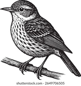 Highly detailed black and white illustration of a songbird with textured feathers and patterned design. Clean vector outline on white background, ideal for logos, prints, icons, and artwork.