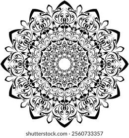 Highly detailed black and white mandala featuring elegant floral motifs, symmetrical patterns, and intricate linework. Perfect for coloring books, mindfulness projects, tattoo designs, decorative art 