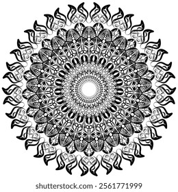 Highly detailed black and white mandala with intricate floral and geometric patterns. This symmetrical design exudes harmony and precision, making it ideal for use in decorative artwork, coloring book