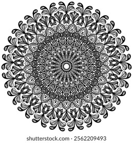 Highly detailed black and white mandala featuring intricate floral and leaf-inspired patterns arranged in perfect radial symmetry. This captivating design is ideal for coloring books, meditation art, 