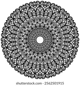 Highly detailed black and white mandala artwork showcasing intricate, symmetrical floral and geometric patterns radiating from the center. This elegant and versatile design is ideal for use in decorat