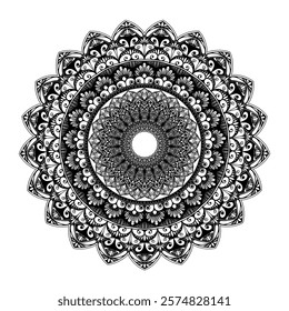 Highly detailed black and white mandala design with intricate floral and geometric patterns. Perfect for coloring pages, meditation visuals, tattoos, decorative art, or digital and print designs.