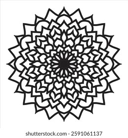 A highly detailed black and white mandala featuring symmetrical geometric patterns, intricate floral motifs, and swirling spirals.