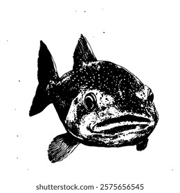 highly detailed black and white vector illustration of a fish, focusing on realistic textures and bold contrasts, ideal for aquatic or marine-themed projects