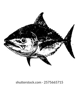 highly detailed black and white vector illustration of a tuna fish, showcasing bold textures and realistic anatomy, perfect for marine themes, fishing designs, or seafood-related branding.