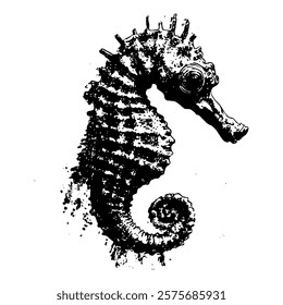 highly detailed black and white vector illustration of a seahorse with intricate textures. ideal for marine themes, educational content, or decorative designs