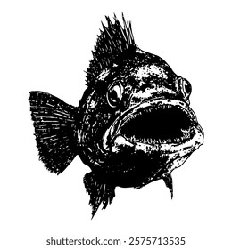 highly detailed black and white vector illustration of a fish with open mouth and textured scales, ideal for aquatic-themed designs, educational materials, and nature-inspired art.