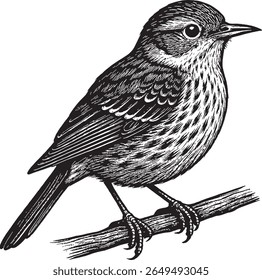 Highly detailed black and white vector of a small songbird perched on a branch. Features intricate feather textures, fine patterns, and elegant linework. Ideal for prints and designs.