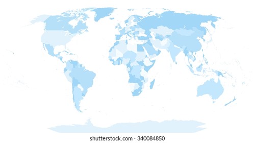 Highly Detailed Blind World Map in shades of soft blue colors.