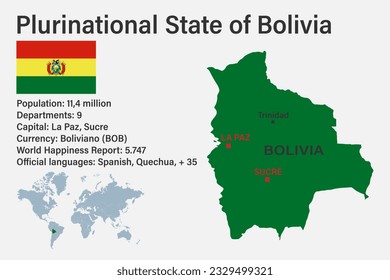Highly detailed Bolivia map with flag, capital and small map of the world