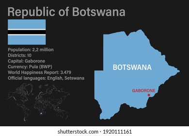 Mapa muy detallado de Botsuana con bandera, capital y pequeño mapa del mundo