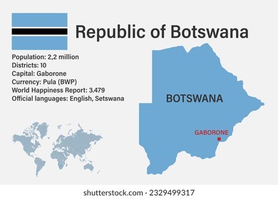 Highly detailed Botswana map with flag, capital and small map of the world