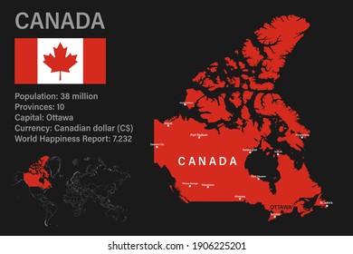 Highly detailed Canada map with flag, capital and small map of the world