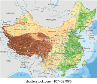 Highly Detailed China physical map.