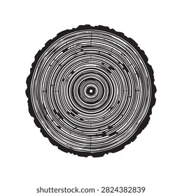 Highly detailed circular cross section of tree trunk showing annual growth rings. Grunge textured graphic element for nature botanical science wood grain pattern dendrology studies forestry and organic surface design themes.