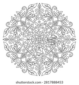 A highly detailed circular mandala celebrating the four seasons through beautifully symmetric botanical vignettes. The ornate design features a central geometric knot surrounded by four distinct circular emblems showcasing seasonal motifs: spring blossoms, summer flowers, an autumn maple leaf, and winter holly berries. Framed by winding leafy vines, delicate scrollwork, and geometric details, this crisp black-and-white vector line art serves as a perfect therapeutic adult coloring page, printable holiday craft template, or elegant design backdrop.#FourSeasonsMandala #AdultColoringPage #LineArtFlowers #SeasonalDesign #BotanicalIllustration #SymmetricalPattern #MapleLeafArt #HollyBerrySketch #PrintableColoring #VectorOutline