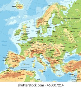 Highly detailed colored vector illustration of Europe map -
borders, countries and cities - illustration