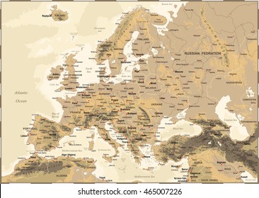 Highly detailed colored vector illustration of Europe map -borders, countries and cities - illustration