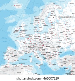 Highly Detailed Colored Vector Illustration Of Europe Map -
Borders, Countries And Cities - Illustration