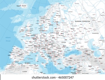 Highly Detailed Colored Vector Illustration Of Europe Map -
Borders, Countries And Cities - Illustration
