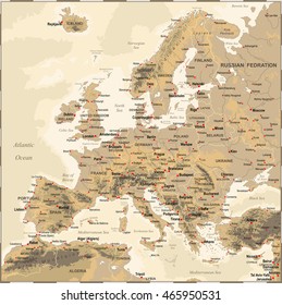 Highly detailed colored vector illustration of Europe map -borders, countries and cities - illustration