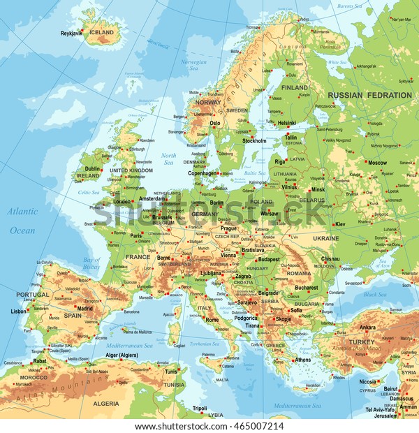ヨーロッパの地図の詳細な色付きベクターイラスト 国境と都市 イラトス のベクター画像素材 ロイヤリティフリー