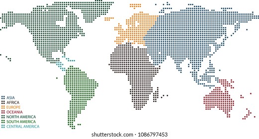 Highly detailed colorful World map dots, dotted World map continents vector outline with map legend, Pixel art World map illustration background