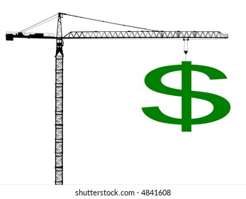 highly detailed construction crane hoisting large dollar sign