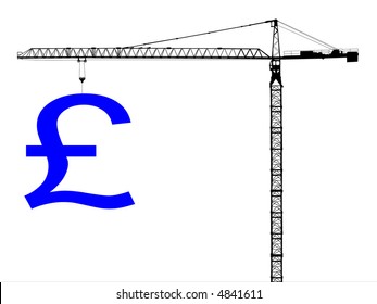 grúa de construcción muy detallada, izando un gran signo de libra