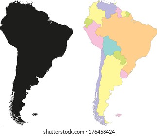 Highly Detailed Continent Silhouette and political map - South America