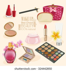 Highly detailed cosmetics icons set. Make Up and Beauty Symbols