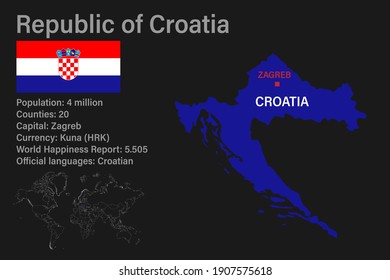 Sehr detaillierte Karte Kroatiens mit Flagge, Hauptstadt und kleiner Weltkarte