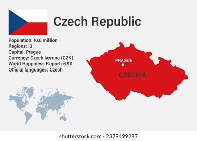 Sehr detaillierte tschechische Landkarte mit Flagge, Hauptstadt und kleiner Weltkarte