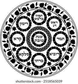 Highly detailed decoration of Jewish titles in Hebrew simanim meal plate. Rosh Hashana theme flat artwork. Judaica illustration with pomegranates and Star of David elements. Translation: "A good year"