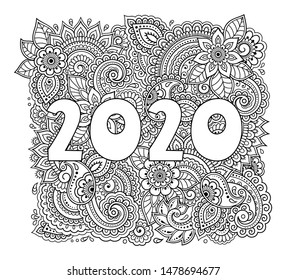 Decoración floral muy detallada en estilo mehndi en la figura 2020. Dibujo de contorno lleno de adorno de flores - página del libro de colorear. Ilustración vectorial de dibujo manual de contorno de garganta.