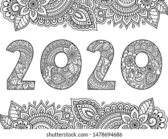 Highly detailed decorative floral pattern in mehndi style in the shape of figure 2020. Contour drawing filled with flower ornament - coloring book page. Doodle outline hand draw vector illustration.