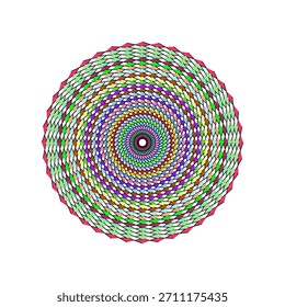 Un diseño circular altamente detallado y digitalmente renderizado con numerosos anillos concéntricos compuestos de Pequeñas Formas de diamantes de colores brillantes que crean un efecto de vórtice fascinante y en espiral que emana