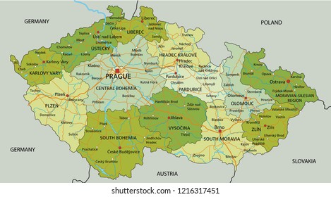 Highly detailed editable political map with separated layers. Czech Republic.